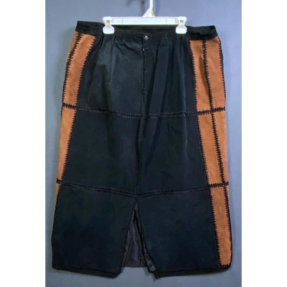 Vintage Ashley Stewart Brown Patchwork Leather Skirt Boho Romance Midi Size 28
